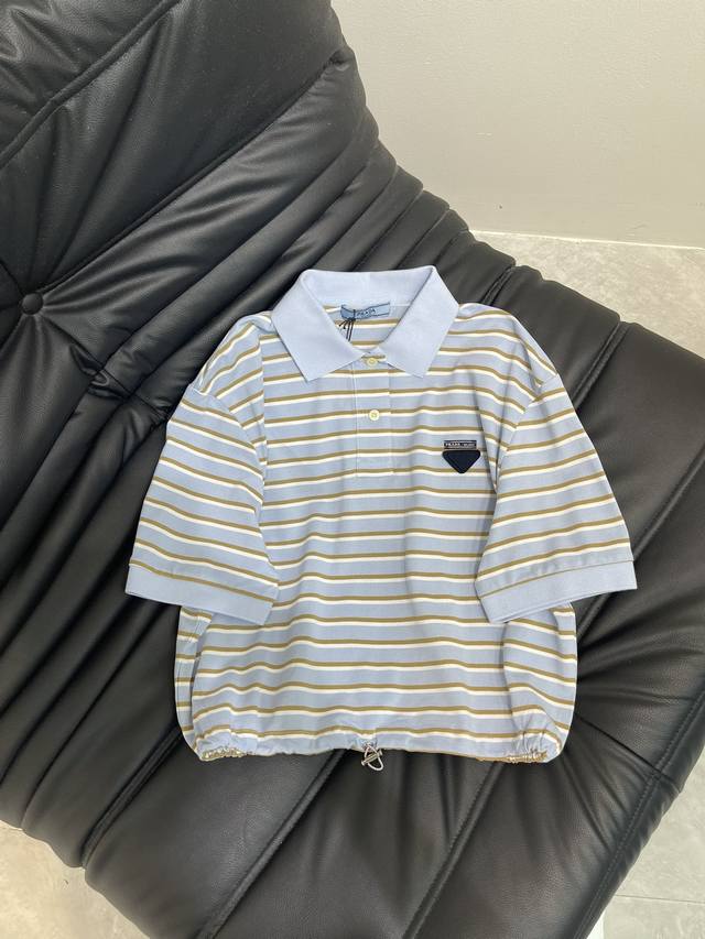 Prad*25 New style lapel striped short-sleeved top customized Yb Zhudi cotton mat