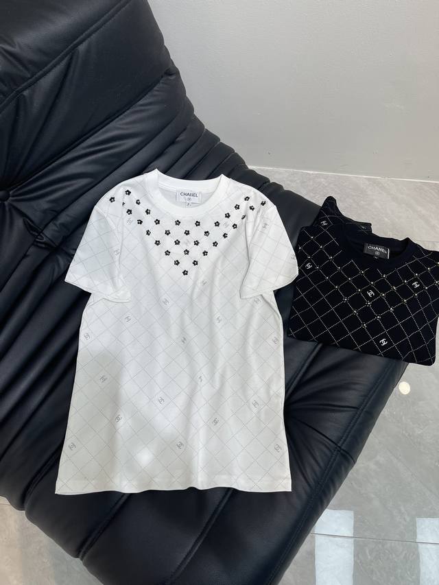 Chane*25 Spring and summer new heavy-duty camellia diamond short-sleeved T-shirt