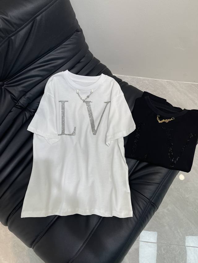 Louis Vuitto*25 Spring and Summer new hot diamond chain short-sleeved T-shirt Cu