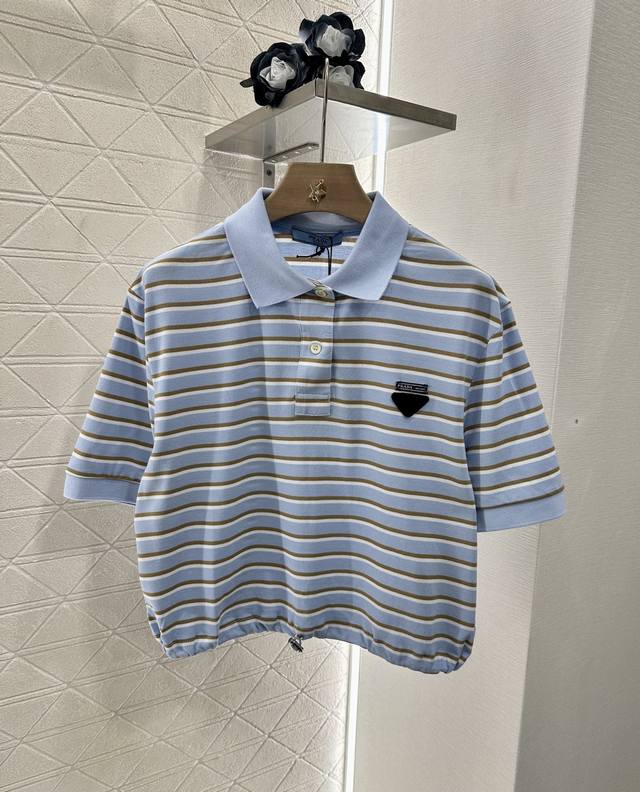 Prad*2025 New arrivals Lapel striped short-sleeved top Customized Yb Zhudi pure