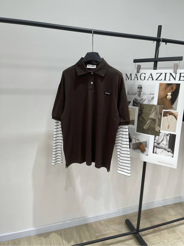 M Polo long-sleeved T-shirt with brown striped sleeves DDD, fabric: cotton pique
