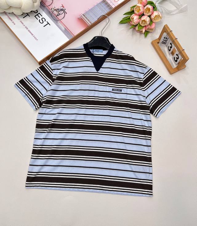 Prad* 25Ss Spring and Summer new mint chocolate striped short-sleeved round neck