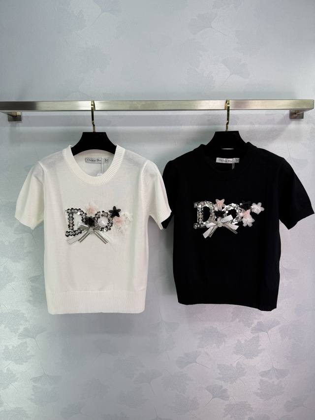 Dio*2025 Spring and Summer new knitted short sleeves with Dior letter embroidery