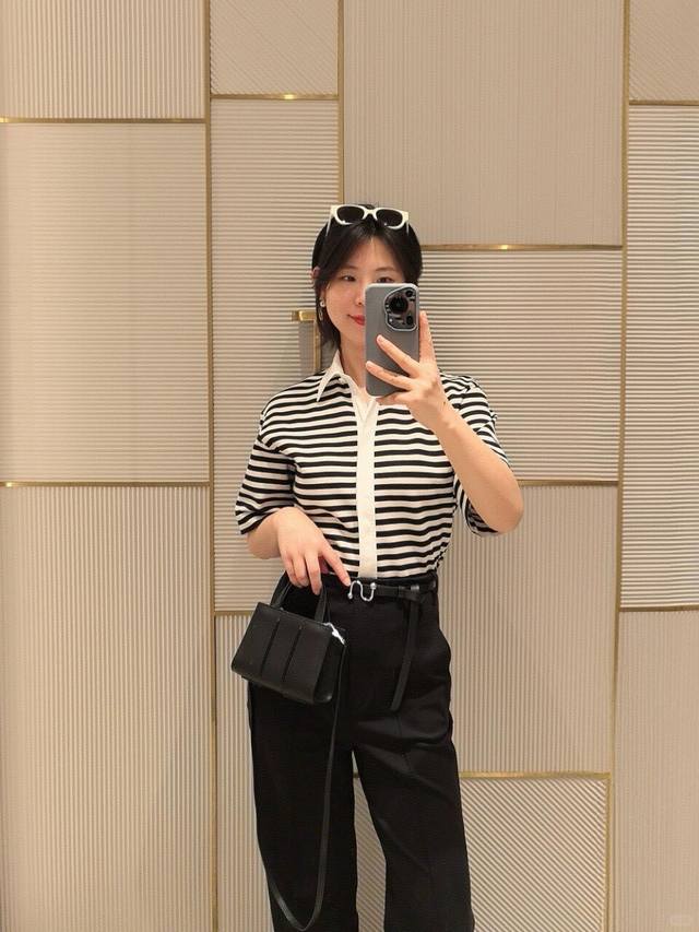 Maxm*Ra 25Ss Spring and Summer new striped contrast lapel knitted short-sleeved