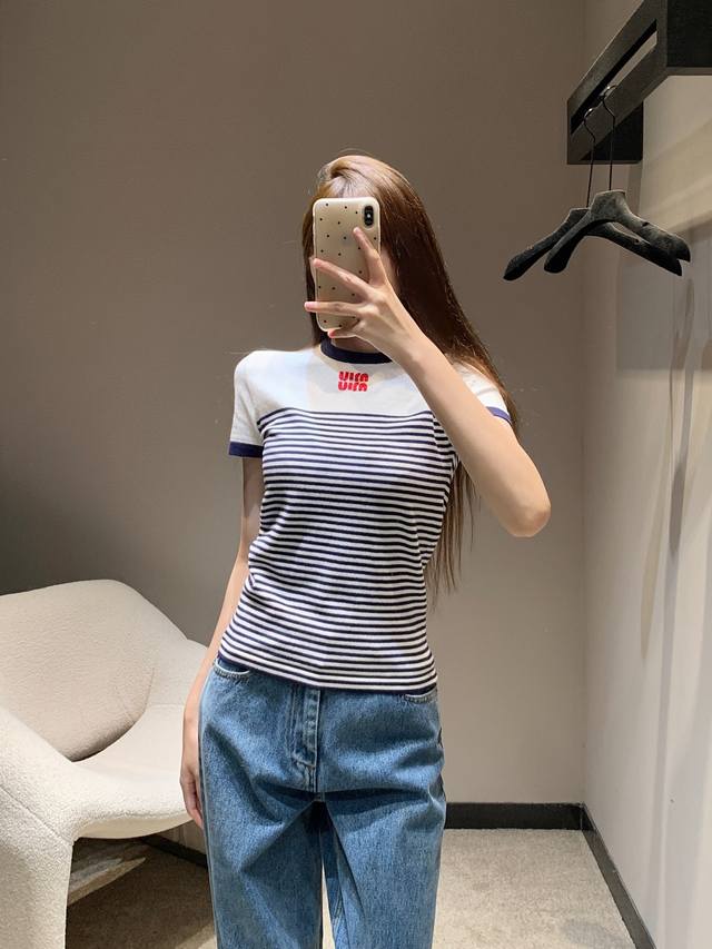 Miumi* 25Ss Spring and Summer new micro-logo cotton striped knit top | Exclusive