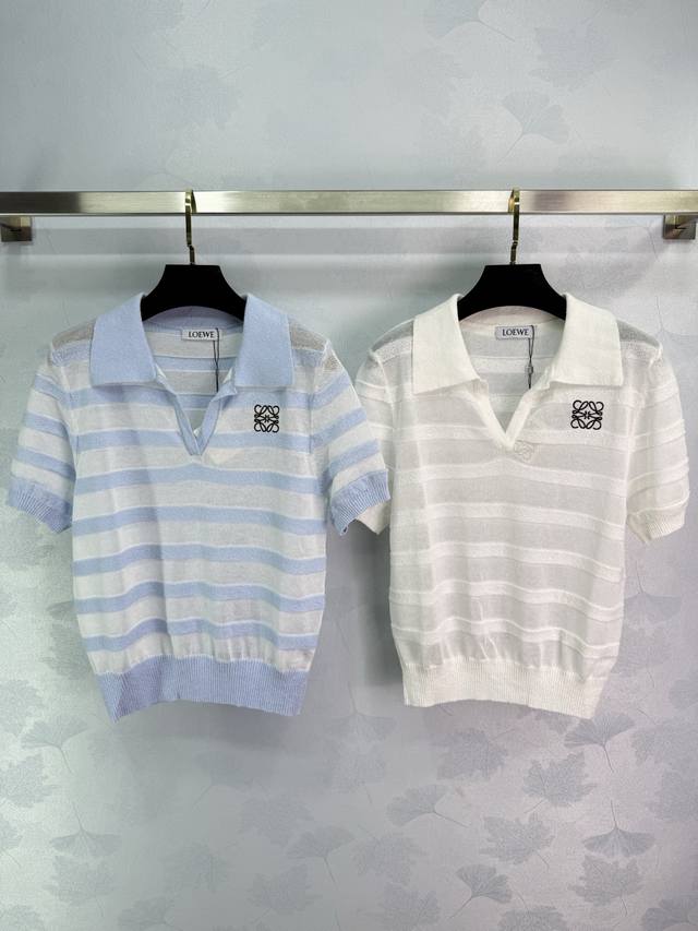Loe*2925 Spring and summer new striped knitted lapel short sleeves with logo emb