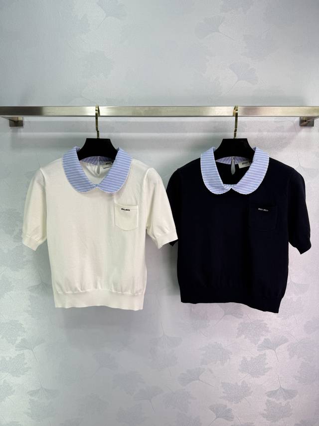 Miu*25 Spring and Summer new striped short-sleeved top with a doll collar, small