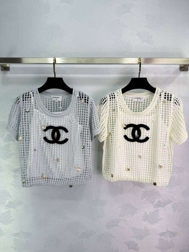 Ch*2025 Spring and Summer new Chanel style knitted short-sleeved top with hollow