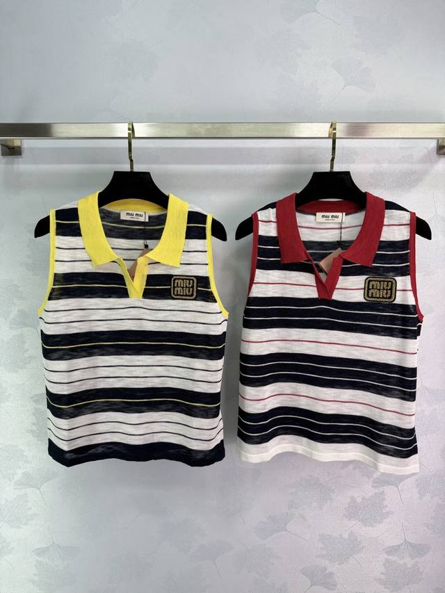 Miu*2025 new summer striped lapel knitted vest, V-neck design, letter logo decor