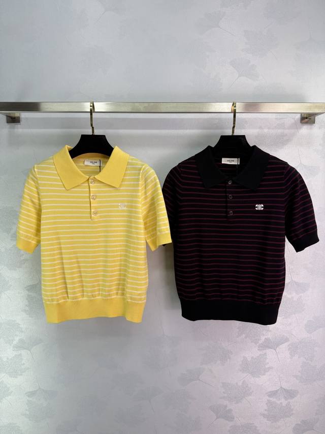 Celine*25 Spring and Summer new striped lapel short sleeves, classic striped des
