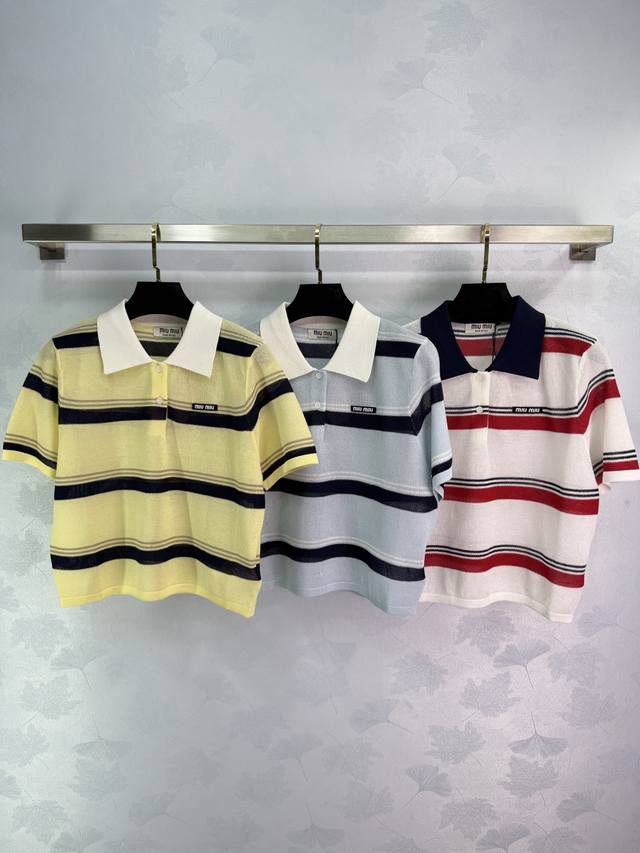 Miu*2025 Spring and Summer new striped Polo shirt with white lapel design, class