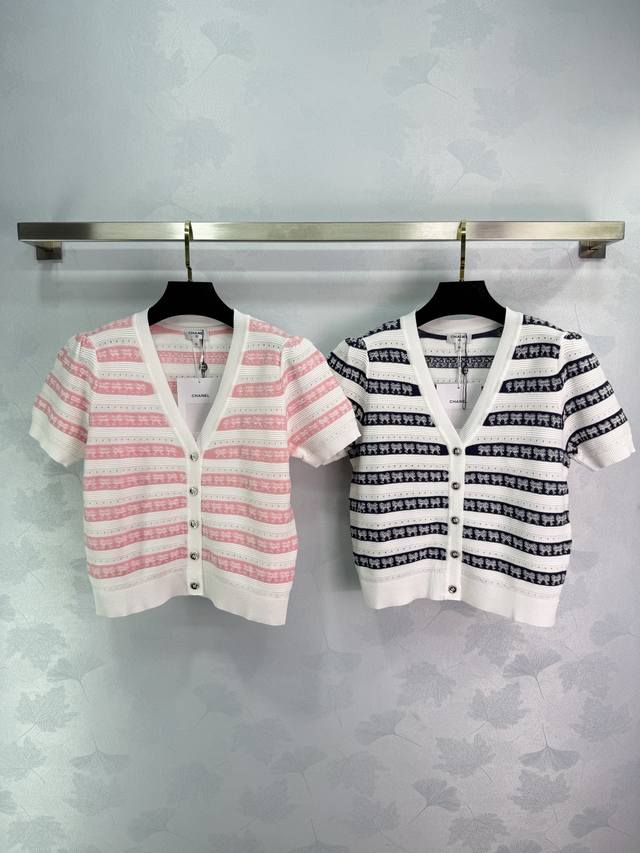 Ch*2025 Spring and Summer new striped V-neck cardigan short sleeves with contras
