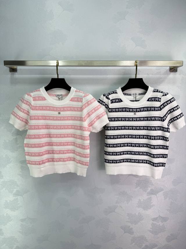 Ch*2025 Spring and Summer new striped knitted short sleeves, round neck pullover