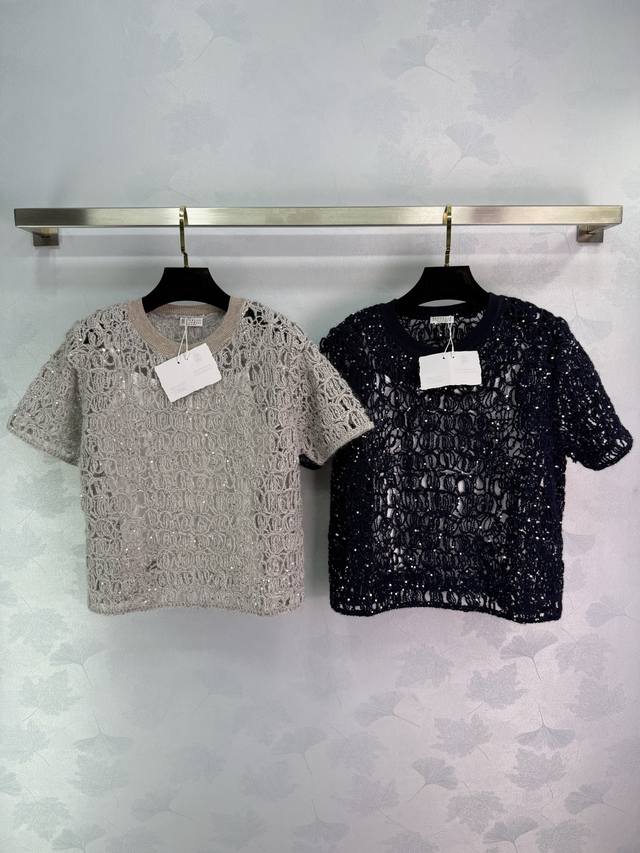 Bc ladies' hollow sequin knitted short sleeves, official website synchronization