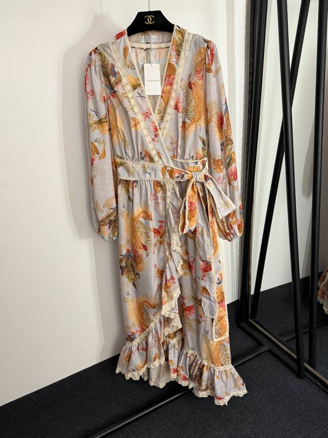 Style No. 20253957 Zimmermann new leaf print lace ruffled waist V-neck long-sle