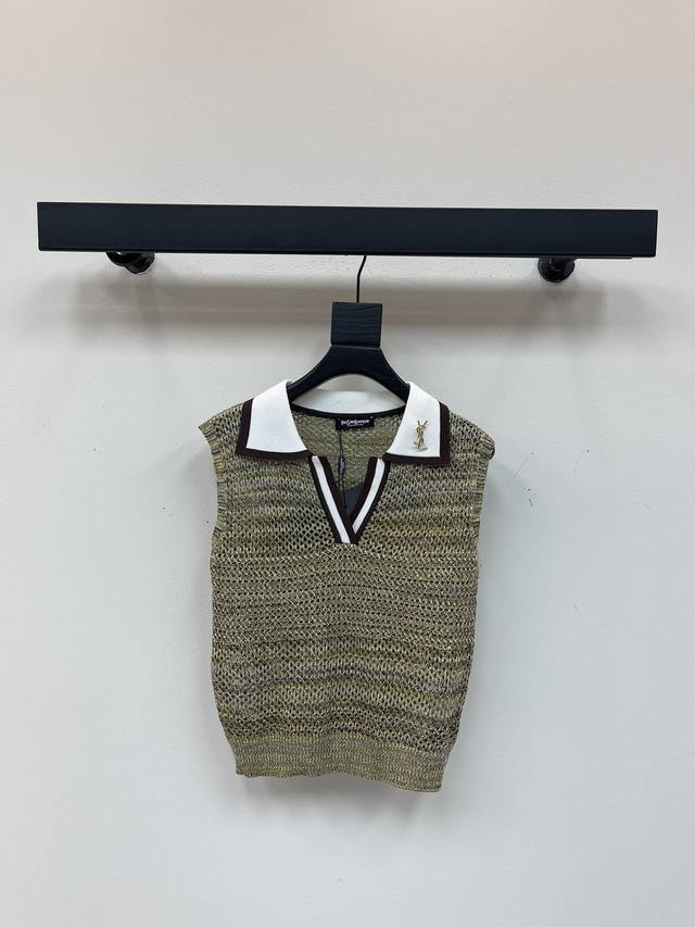 Ysl*25 New gold logo knitted vest, gold coffee hollow design, white Polo collar
