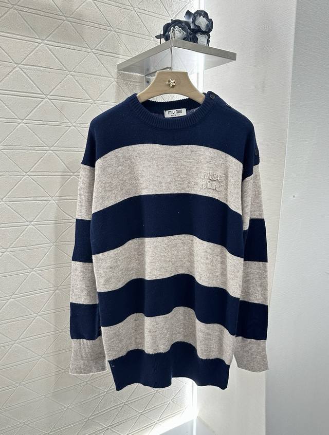 Miumi*2025 New arrivals Letter striped round neck sweater Customized Yb cashmere