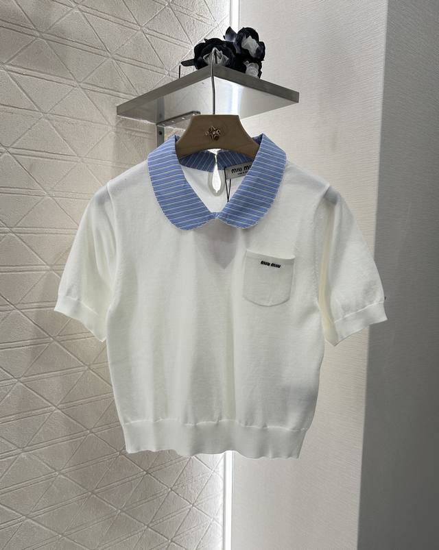 Miumi*2025 New arrivals Knitted top with contrasting striped collar Customized Y