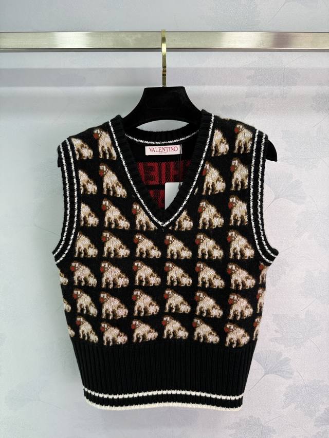Hua Lun*2025 Spring and Summer new puppy pattern knitted vest black background w