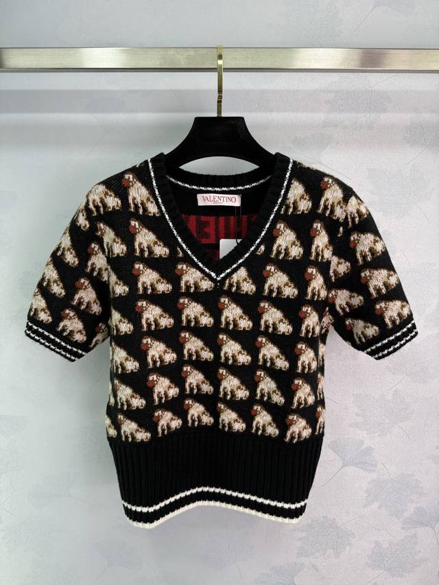 Warren*2025 Spring and Summer new puppy pattern knitted short sleeves black bac