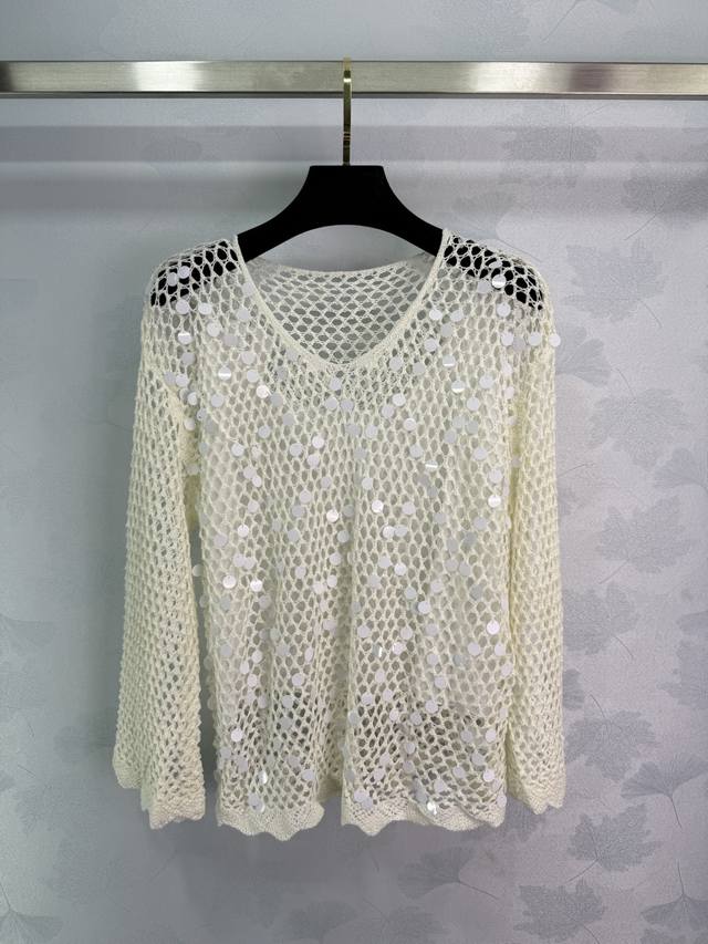 Bc*2025 New hollow knit sweater with white sequins, hook flower design, shell em
