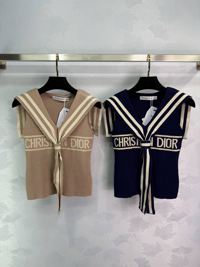 Dio*2025 Spring and Summer new navy collar knitted vest with letter embroidery o
