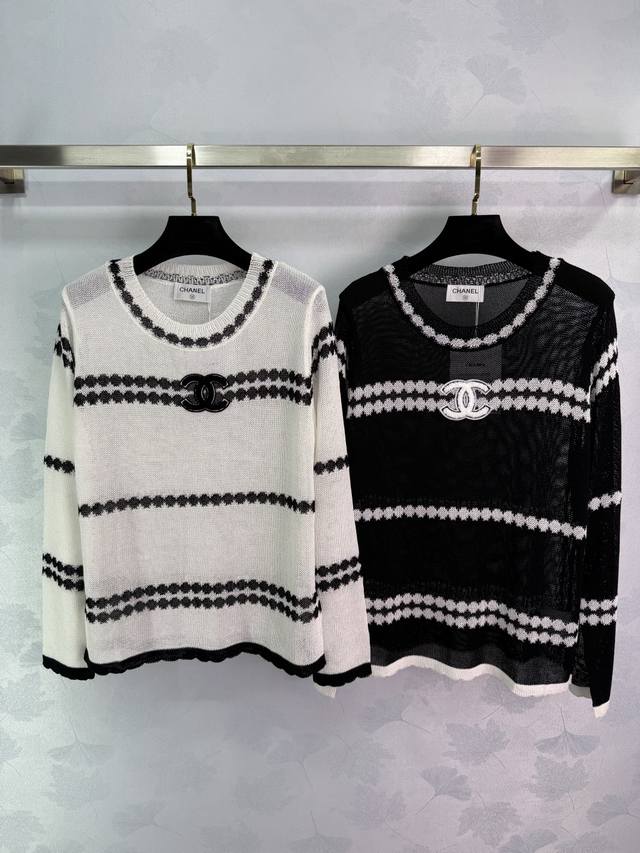 Ch*2025 Early Autumn New Black and White Striped Sweater Classic Double C Logo D