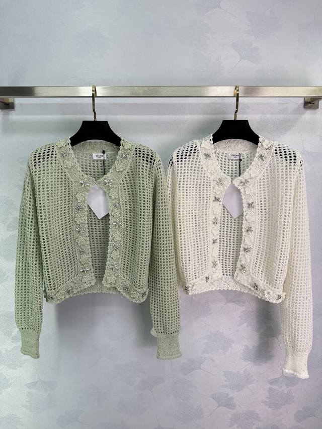 Ce*25 New hollow knitted cardigan, exquisite crochet craftsmanship, rhinestone f