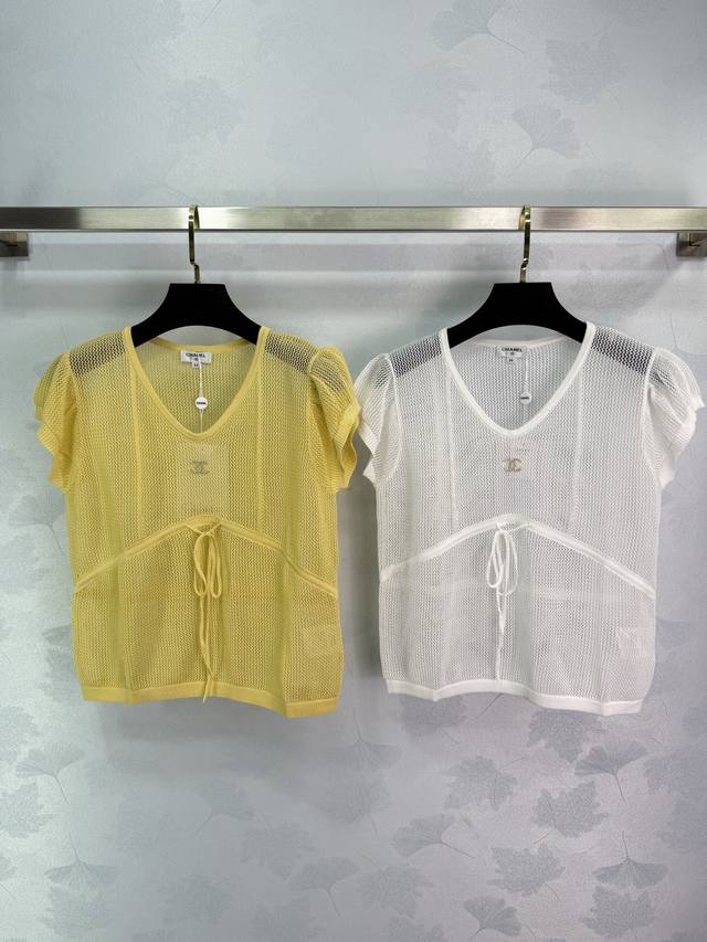 Ch*2025 Spring and Summer new mesh knitted sweetheart collar top with drawstring