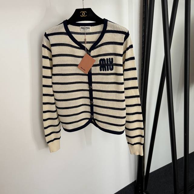 Style No. 20254165 Miumi* new embroidered letters hollow stripes long-sleeved k