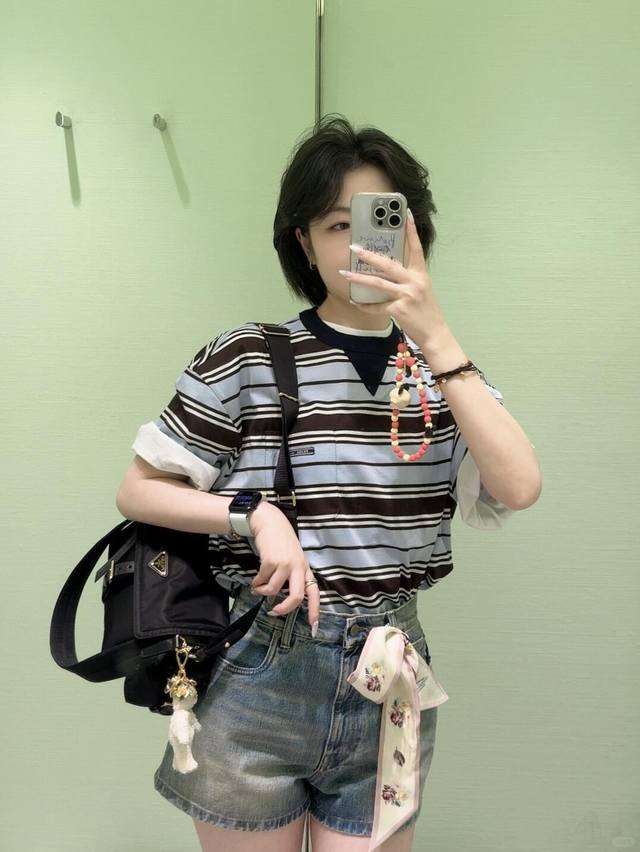 Prad* 25Ss Spring and Summer new mint chocolate striped short-sleeved round neck