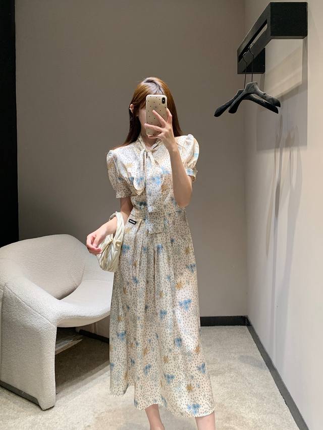 Miumi* 25Fw Early Autumn new floral print V-neck tie bow waist long short-sleeve