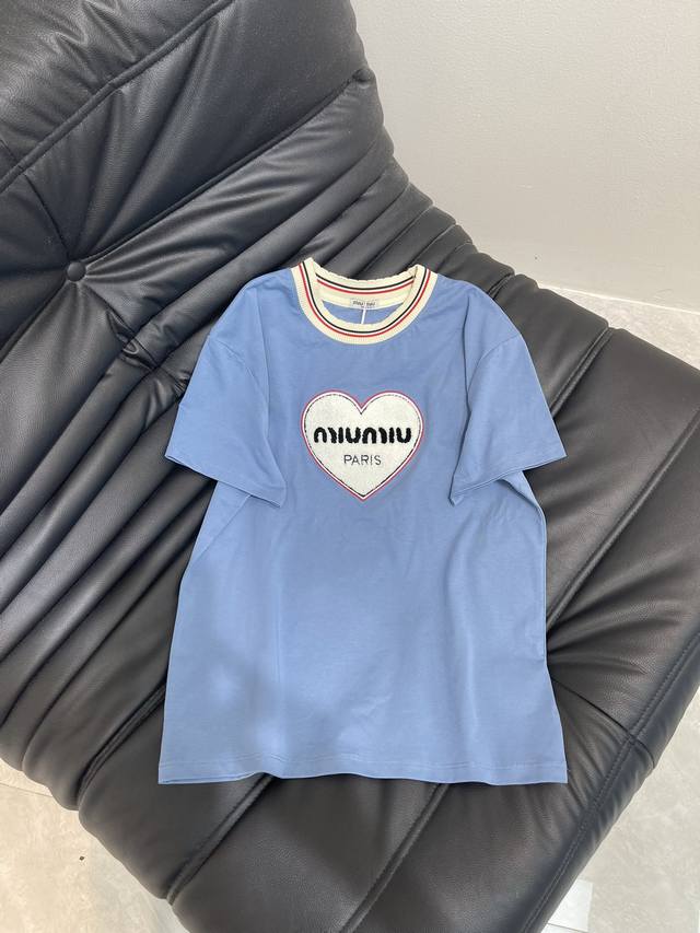 Miumi*25 New style heart letter towel embroidered short-sleeved T-shirt This one