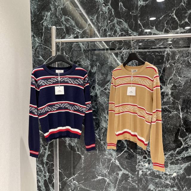 Her 25 Early autumn new round neck knitted long sleeves contrast striped jacquar