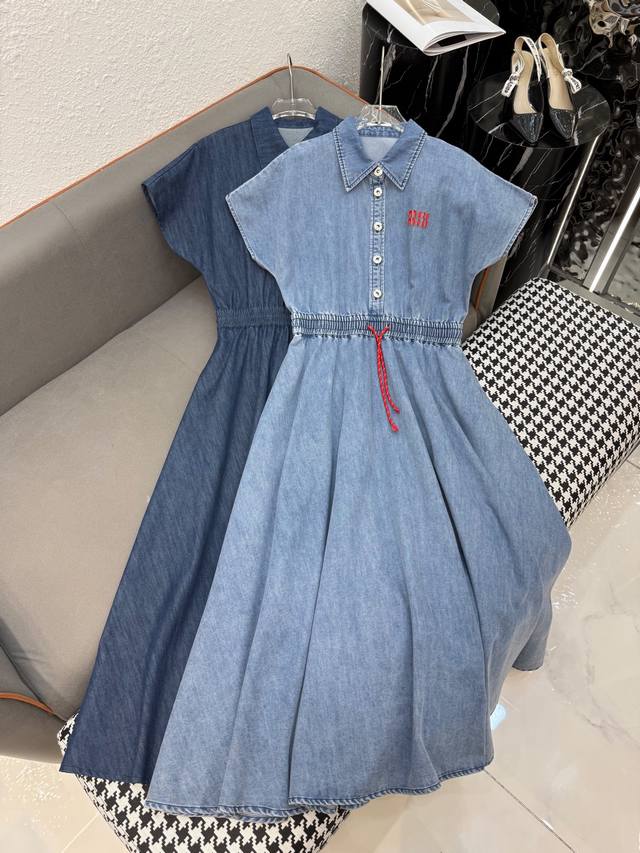 Miumi* 25Ss new denim lapel dress with letter leather embroidery decoration draw