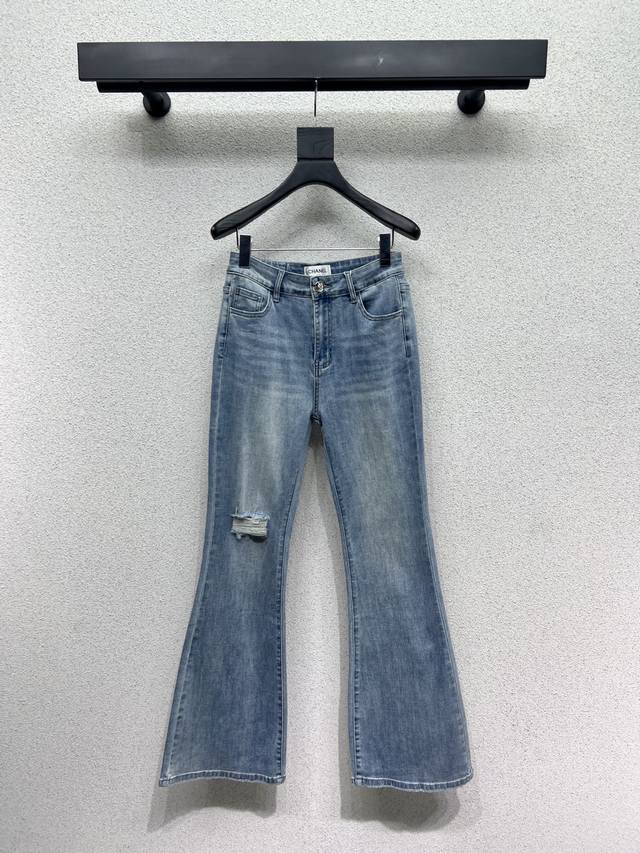 Chanel style pocket sequins slim denim ripped denim flared trousers high qualit