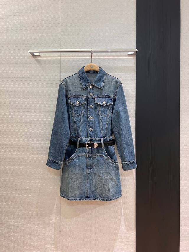 New arrival, washed denim lapel long-sleeved dress, triangle logo belt decorati