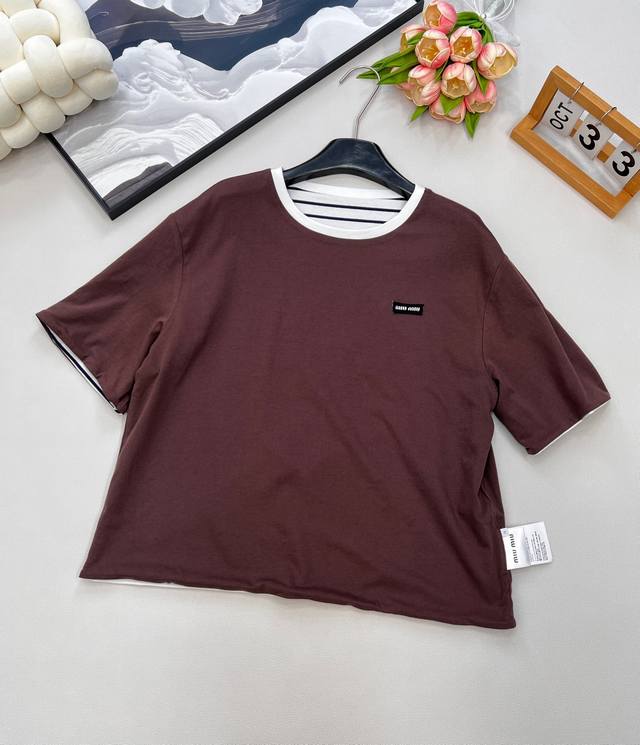 Miumiu2025 new style letter patch logo round neck loose two-sided short-sleeved