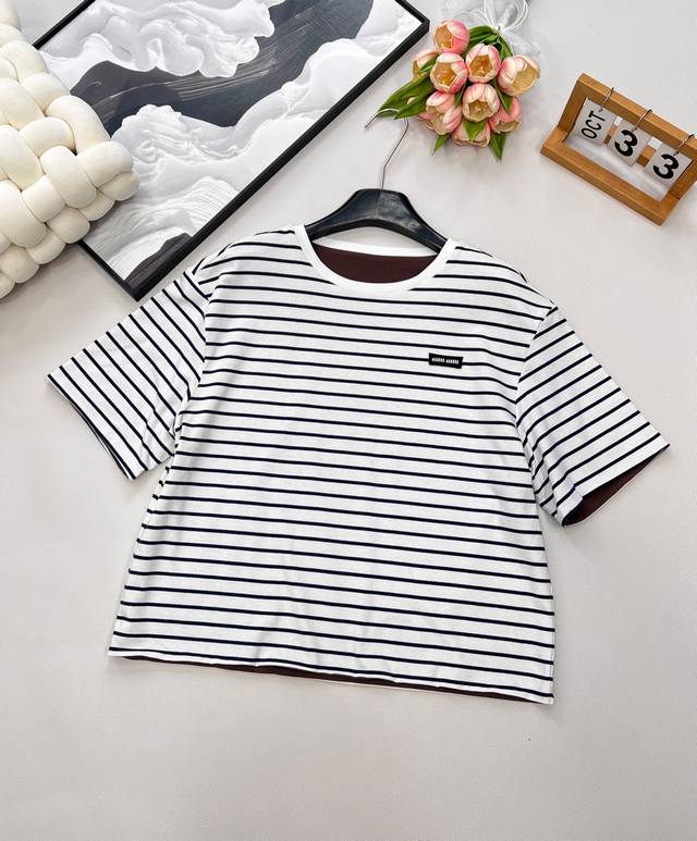 Miumiu2025 new style letter patch logo round neck loose two-sided short-sleeved