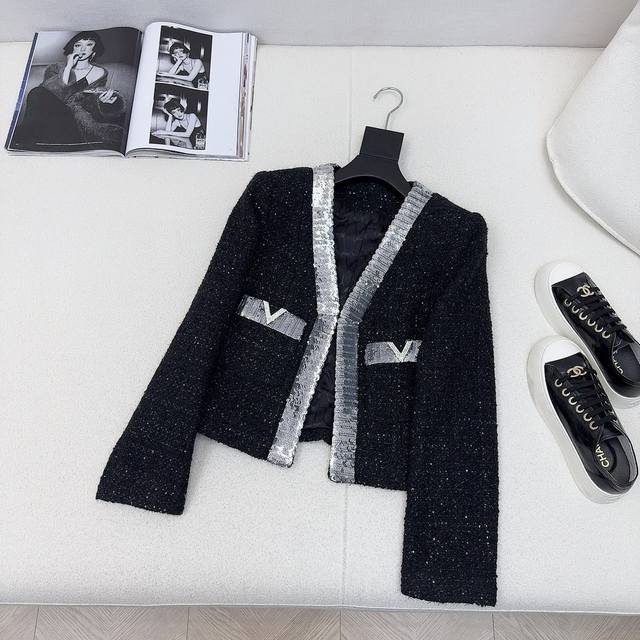 Exclusive first release Vltn Ss The latest sequin embroidered tweed short jacke