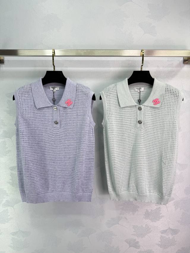 Ch*25 Spring and summer new knitted vest Polo collar design Front button half-op