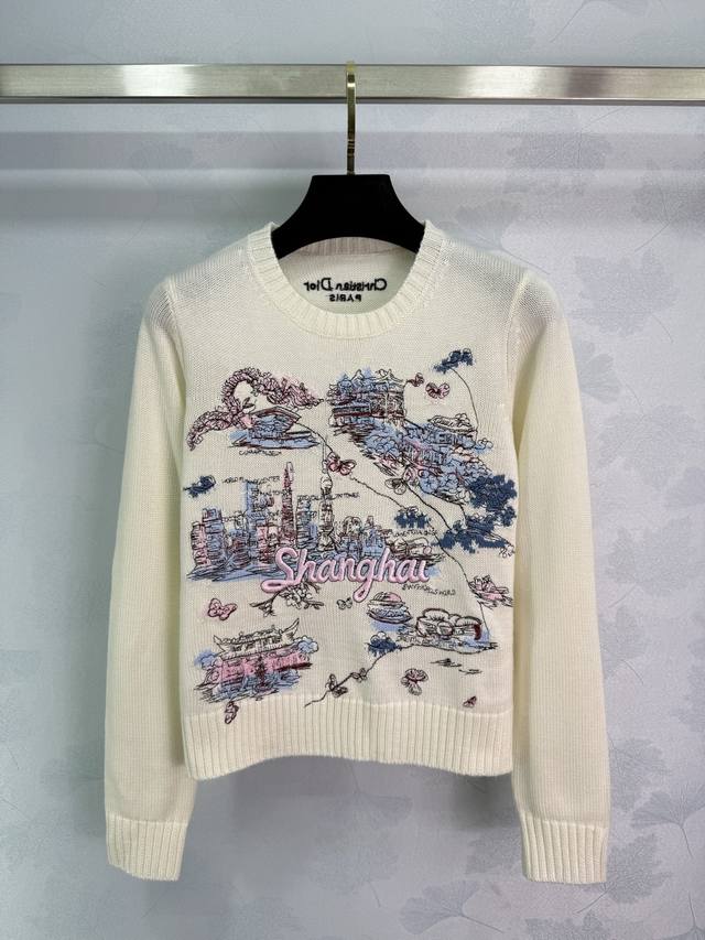 Dio*2025 Early Autumn New Cityscape Embroidery Pullover Sweater Round Neck Long
