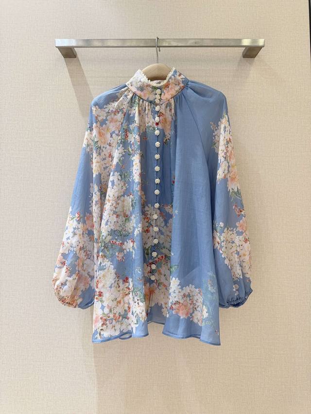 Zimmer*M*A*N New Flowing Half-High Collar Lantern Sleeve ShirtTea blue plant and