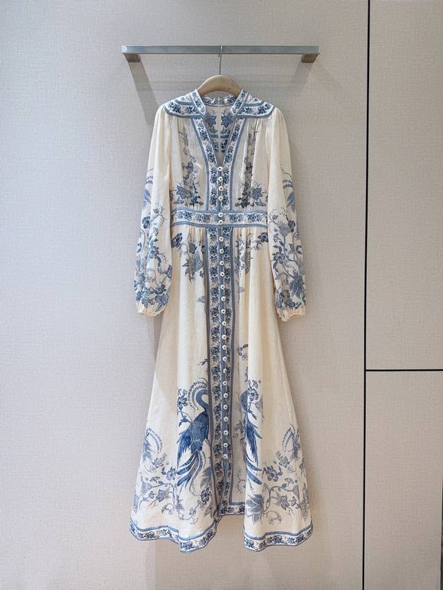 Zimmerm*A*N*NNew ArrivalsDeep V-neck long-sleeved midi dressCream blue floral pa