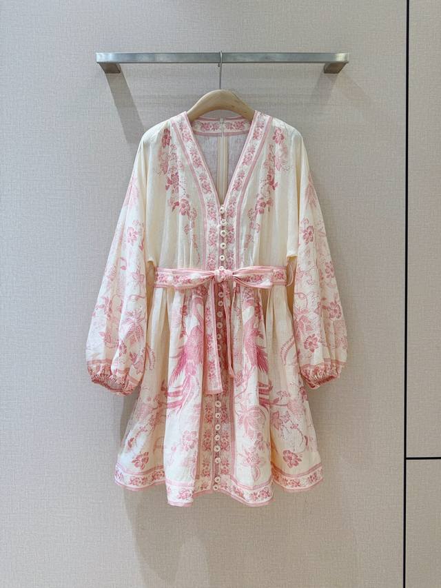 Zimmenrman*NDeep V-neck long-sleeved mini dressA pink multi-color floral pattern