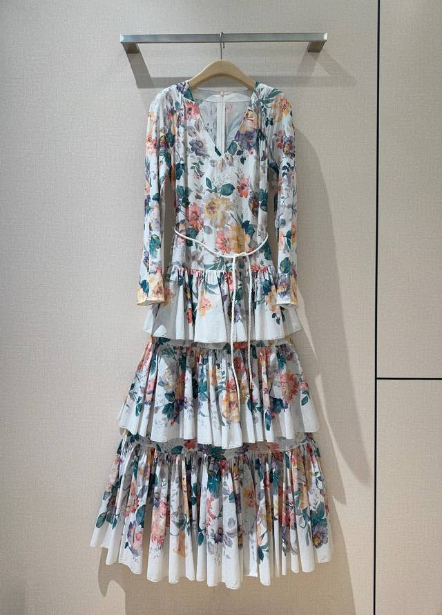 Zimmermann New Arrivals Creamy Colorful Floral Pattern Long Dress with Layered S