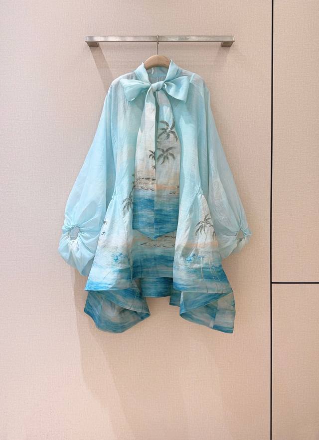 Zimmerm*A*N*N Bow Tie Neck Mini Dress This blue seascape pattern bow tie neck mi