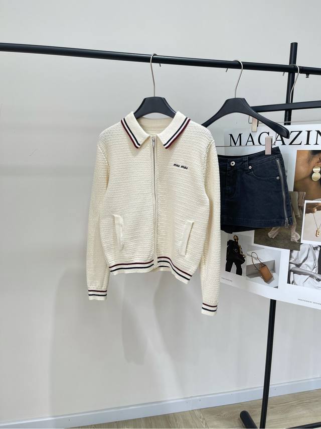 M Apricot red and blue edge zipper lapel knitted jacket ., Fabric: Cotton blend