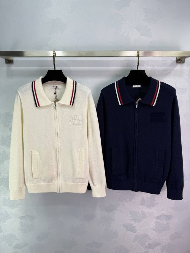 Miu* 2025 Early Autumn New Style Knitted Cardigan Lapel Striped Binding Design C