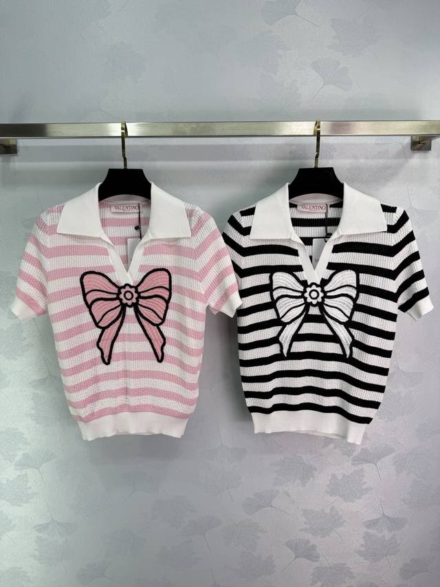 Va*2025 Spring and Summer new bow-knitted short-sleeved shirt with a large bow d